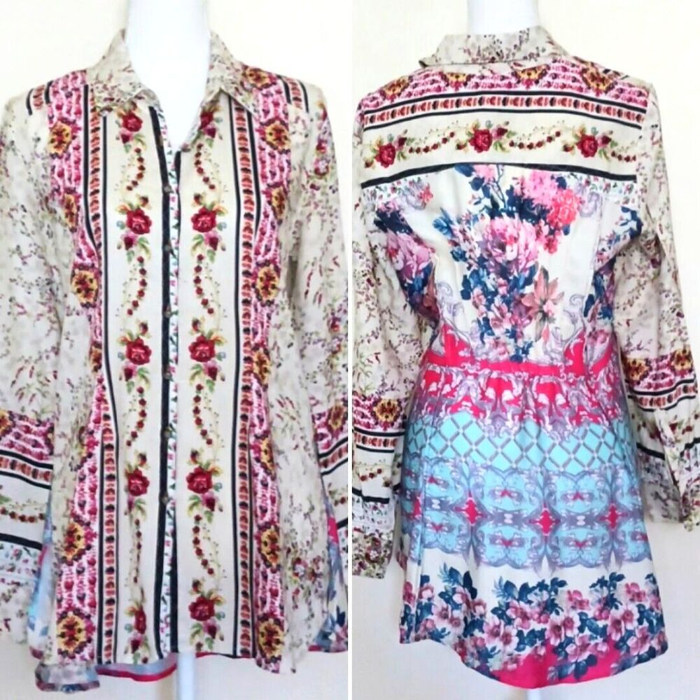 NWT Cyrena Anthropologie Floral Print Linen Blend Tunic Hi Low Mixed Prints Sz S